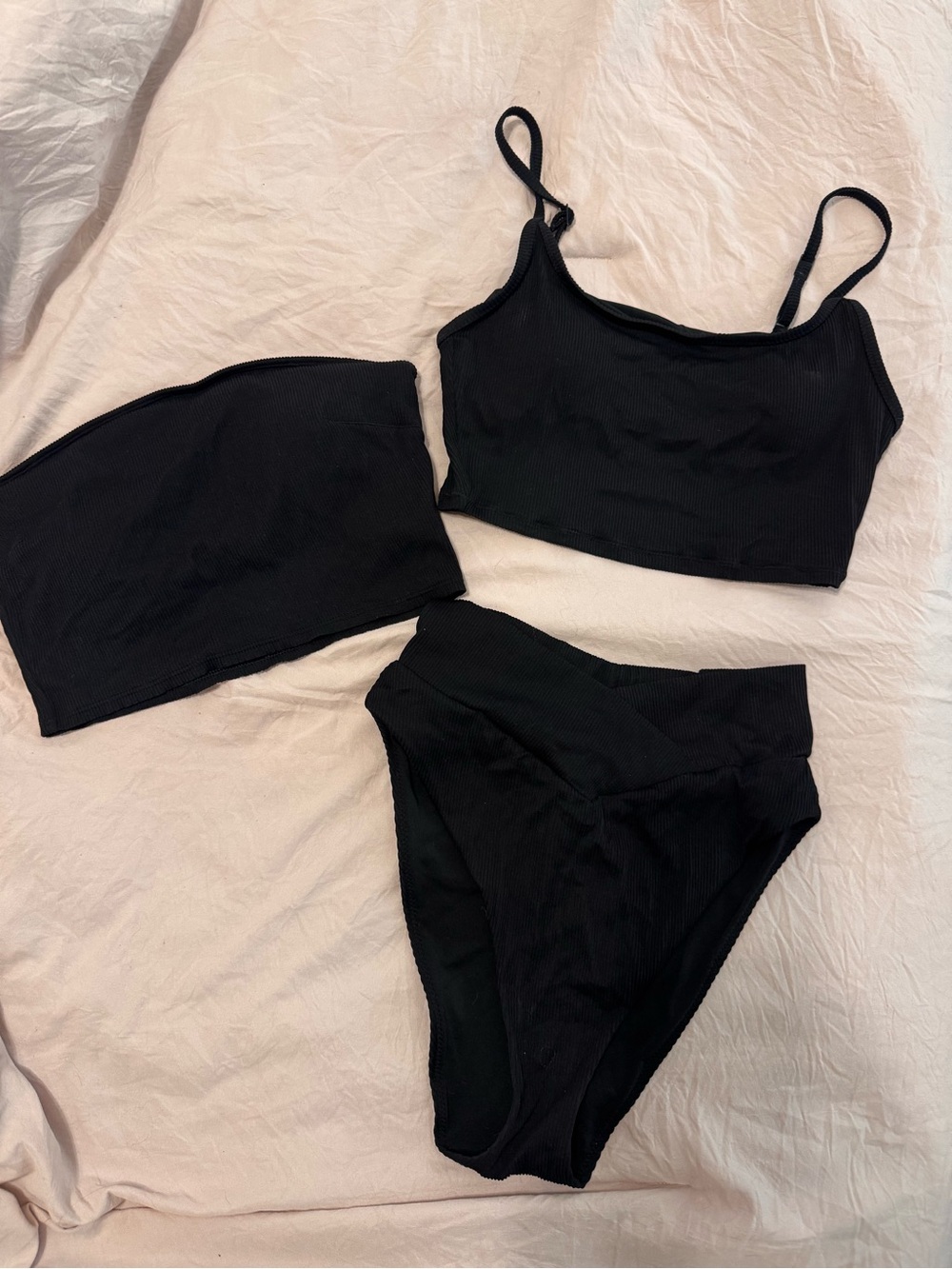 aerie Black 3-Piece Ribbed Bikini Set
